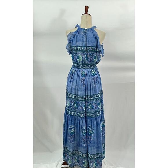 BELL by ALICIA BELL Sz XS Blue Print Ruffled Armhole Tasseled Maxi Dress - Picture 7 of 10